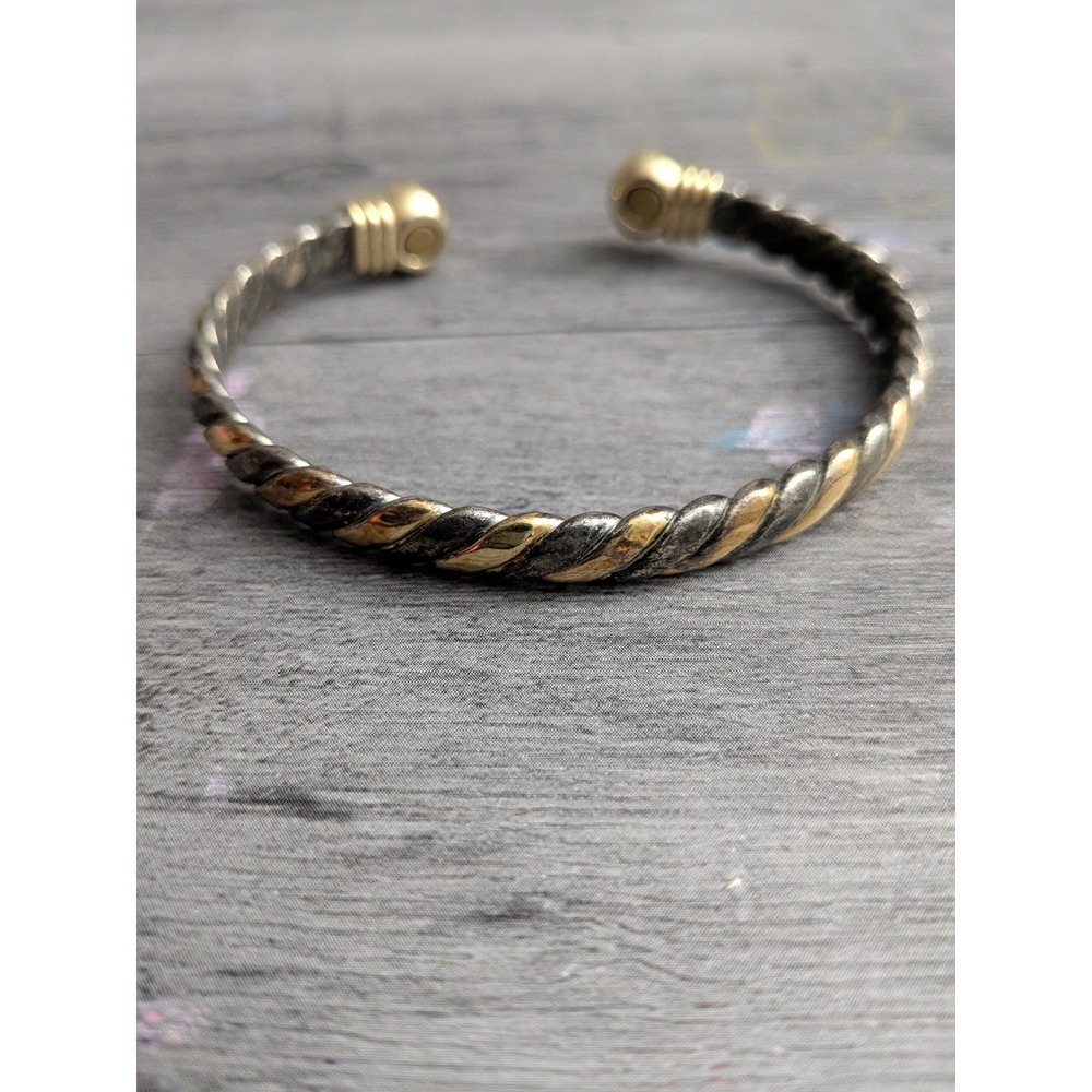 Two Tone Magnetic Therapy Twisted Cable Cuff Bracelet Silver Gold Tone Bangle
